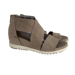 Eileen Fisher Womens Taupe Perforated Nubuck Wedge Sandals  Back Zipper Size 8.5